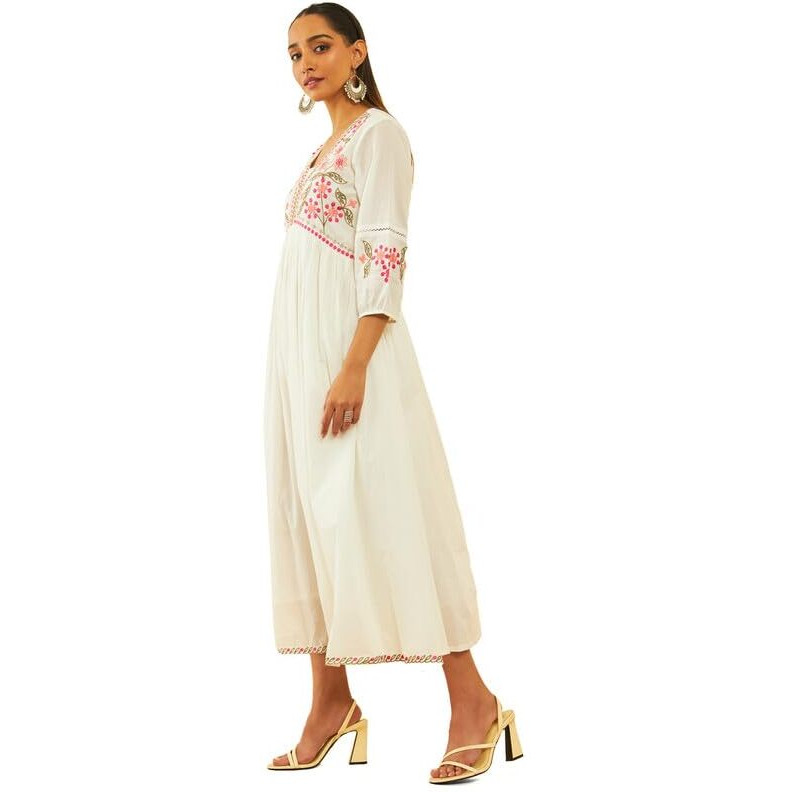Soch Womens Off White Cotton Embroidered Empire Dress With Cutdana