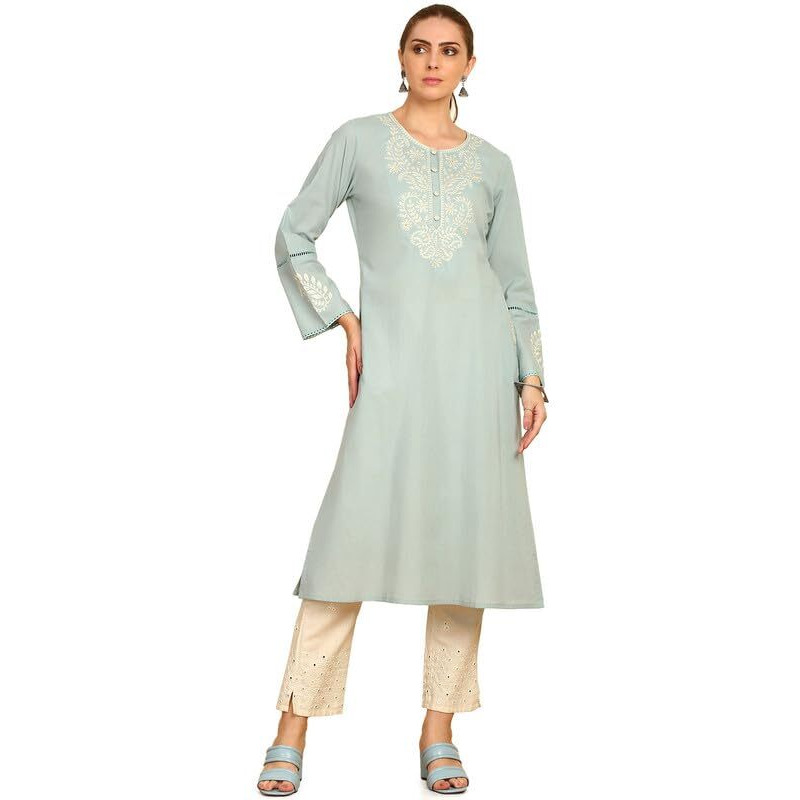 Soch Womens Powder Blue Solid With Yoke Embroidered Cotton Kurta With Lace