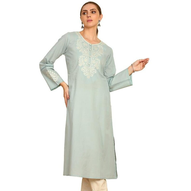 Soch Womens Powder Blue Solid With Yoke Embroidered Cotton Kurta With Lace