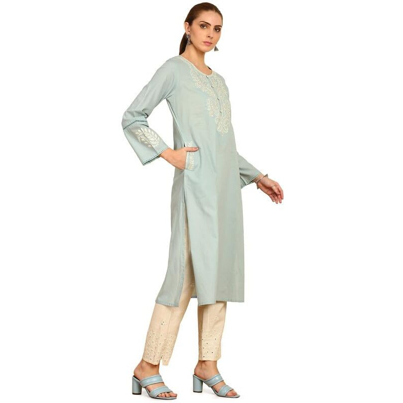 Soch Womens Powder Blue Solid With Yoke Embroidered Cotton Kurta With Lace