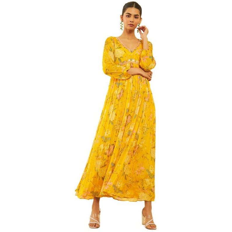 Soch Womens Yellow Chinon Floral Printed Ethnic Dress With Mirror Work