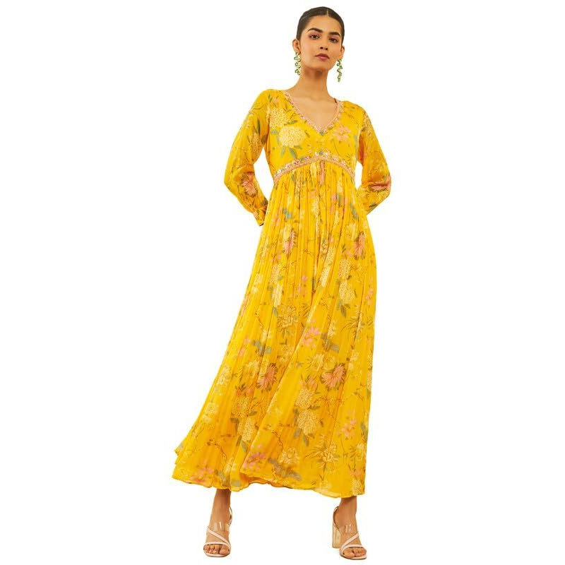 Soch Womens Yellow Chinon Floral Printed Ethnic Dress With Mirror Work