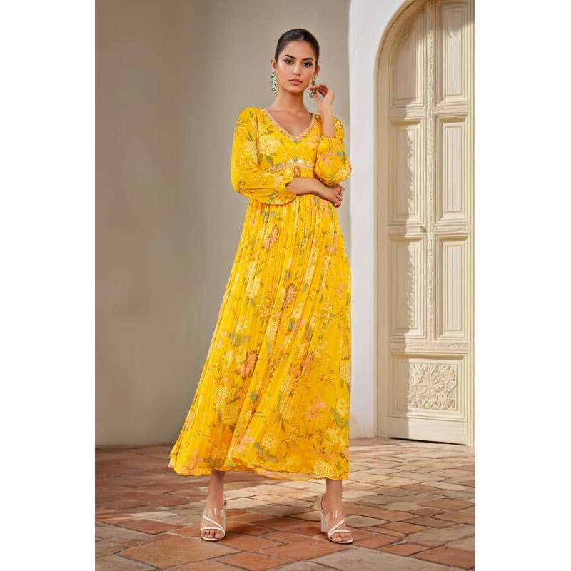 Soch Womens Yellow Chinon Floral Printed Ethnic Dress With Mirror Work