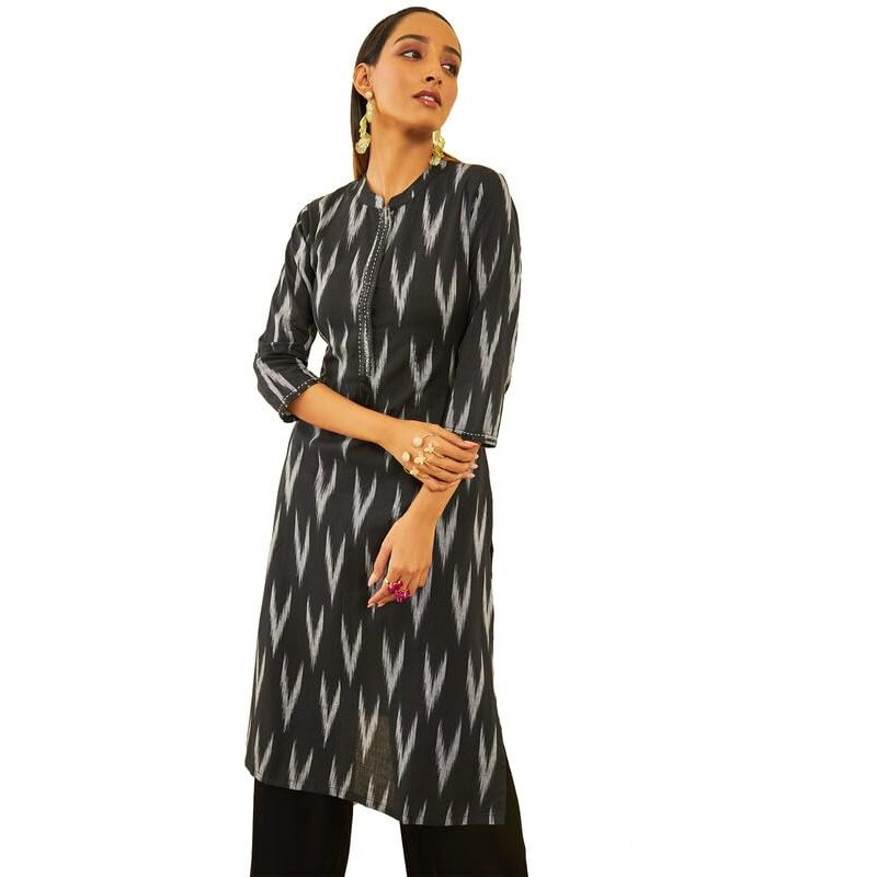Soch Womens Black Cotton Ikat Printed Straight Kurta With Sequins