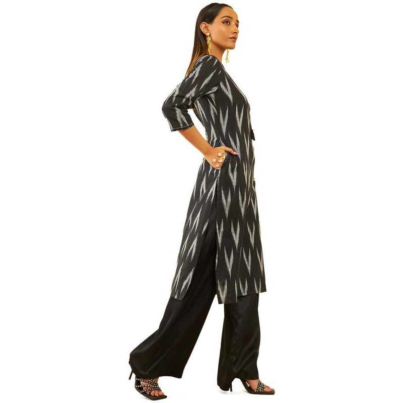 Soch Womens Black Cotton Ikat Printed Straight Kurta With Sequins