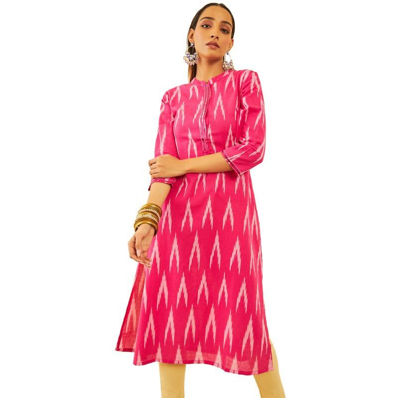 Soch Womens Pink Cotton Ikat Printed Straight Kurta With Sequins