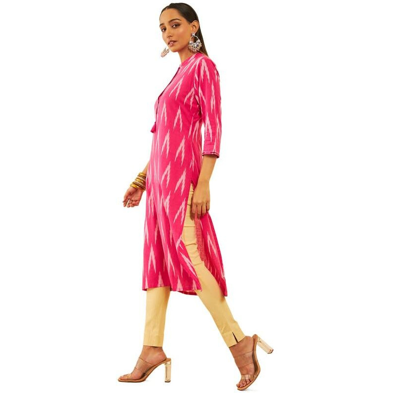 Soch Womens Pink Cotton Ikat Printed Straight Kurta With Sequins