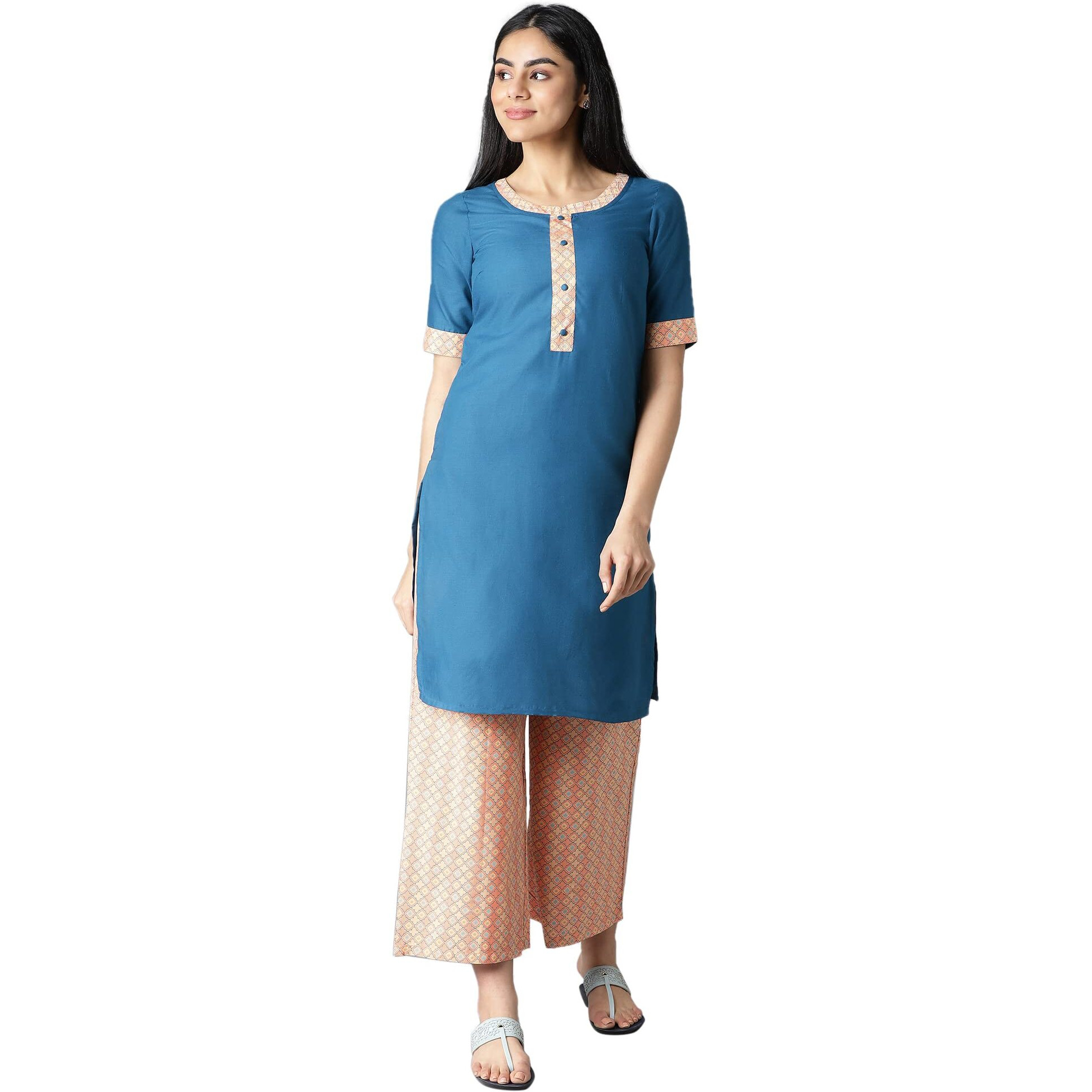 Aurelia Women's Cotton Blend Kurta & Palazzo (22Onas13028-603859_Teal Blue_Xs)