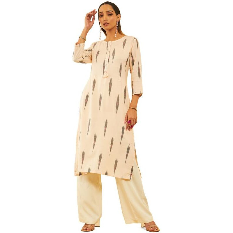 Soch Womens Beige Cotton Ikat Printed Straight Kurta With Sequins