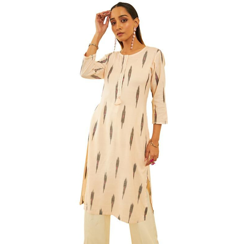 Soch Womens Beige Cotton Ikat Printed Straight Kurta With Sequins