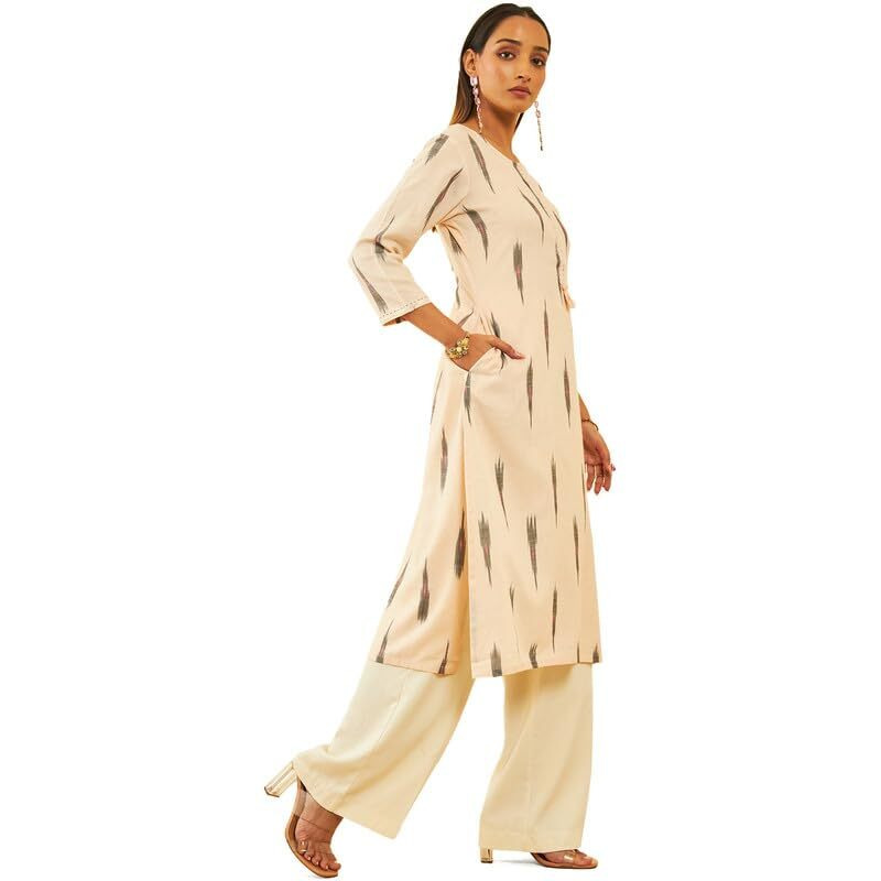 Soch Womens Beige Cotton Ikat Printed Straight Kurta With Sequins