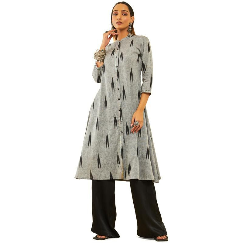 Soch Womens Grey Cotton Ikat Printed Straight Kurta With Sequins