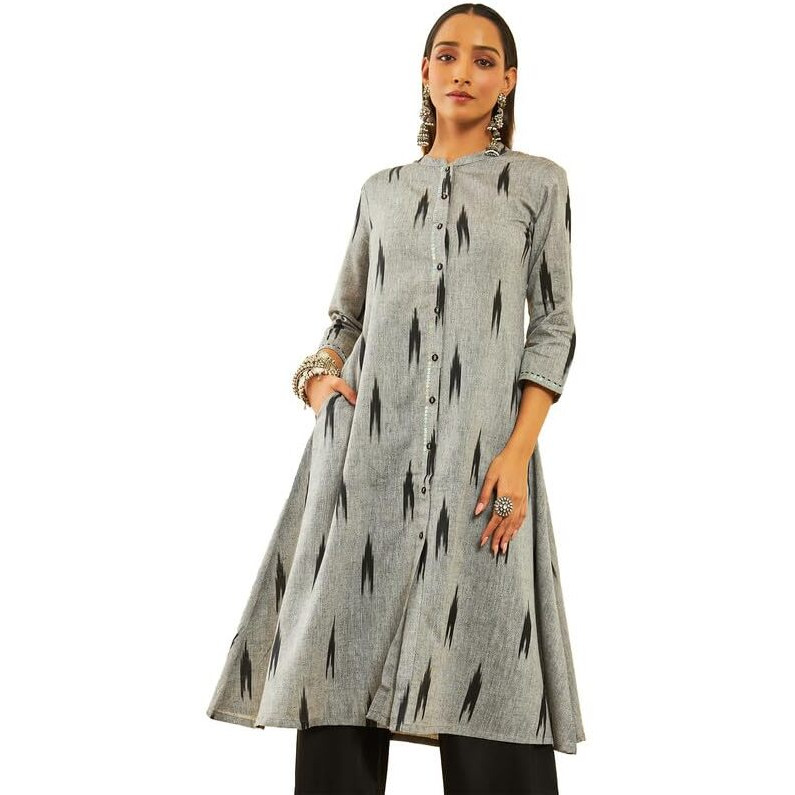 Soch Womens Grey Cotton Ikat Printed Straight Kurta With Sequins