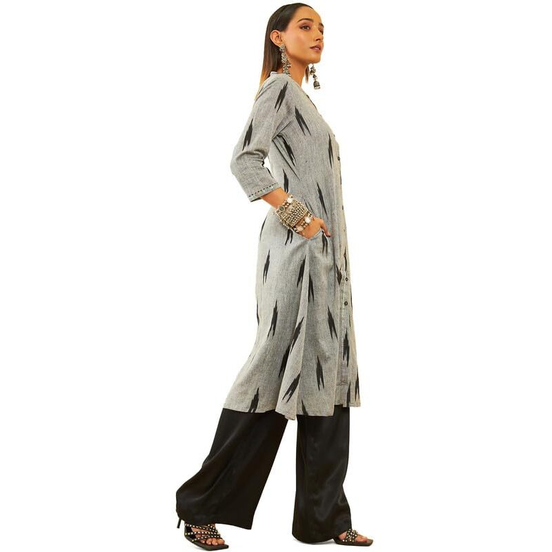 Soch Womens Grey Cotton Ikat Printed Straight Kurta With Sequins