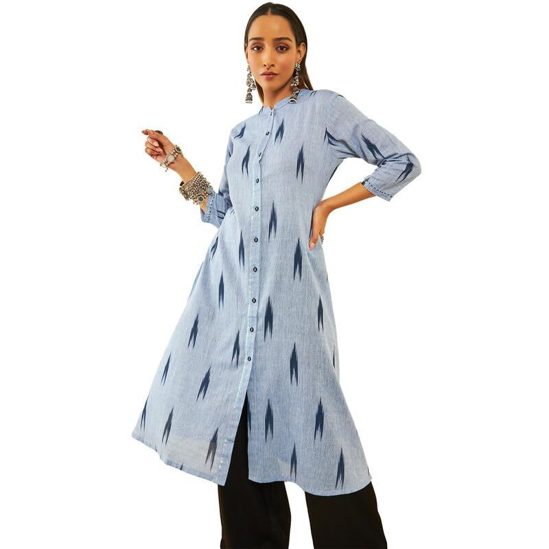 Soch Womens Blue Cotton Ikat Printed Straight Kurta With Sequins