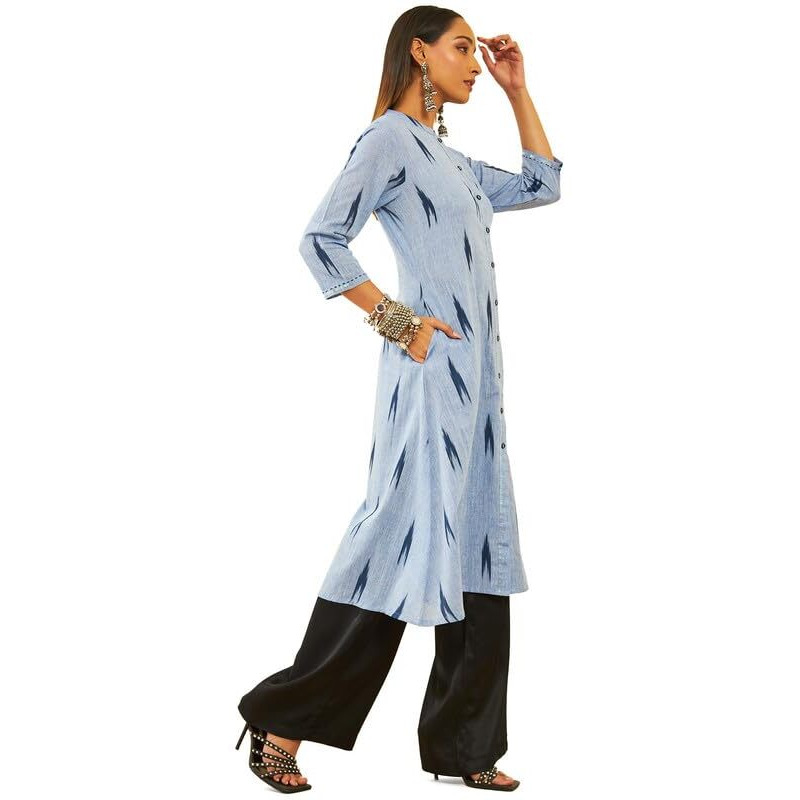 Soch Womens Blue Cotton Ikat Printed Straight Kurta With Sequins