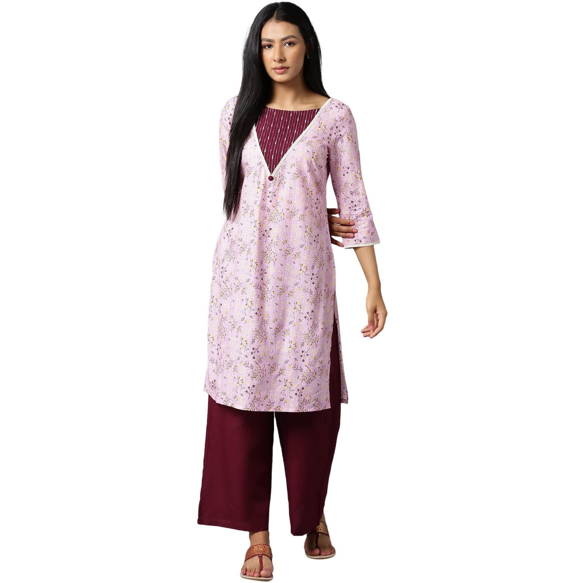 Aure Collection By Aurelia Pink Floral Printed Kurta With Wine Palazzo