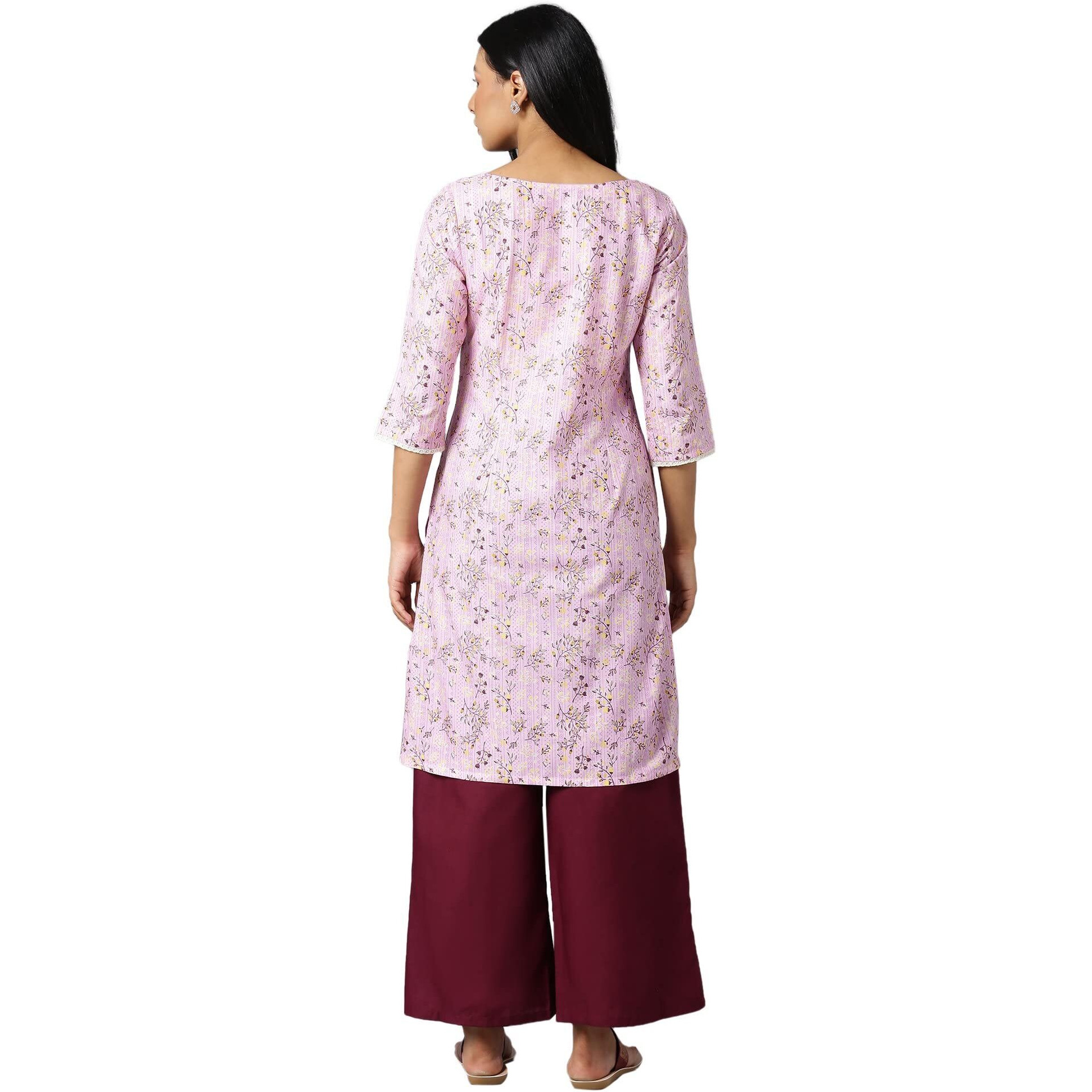 Aure Collection By Aurelia Pink Floral Printed Kurta With Wine Palazzo