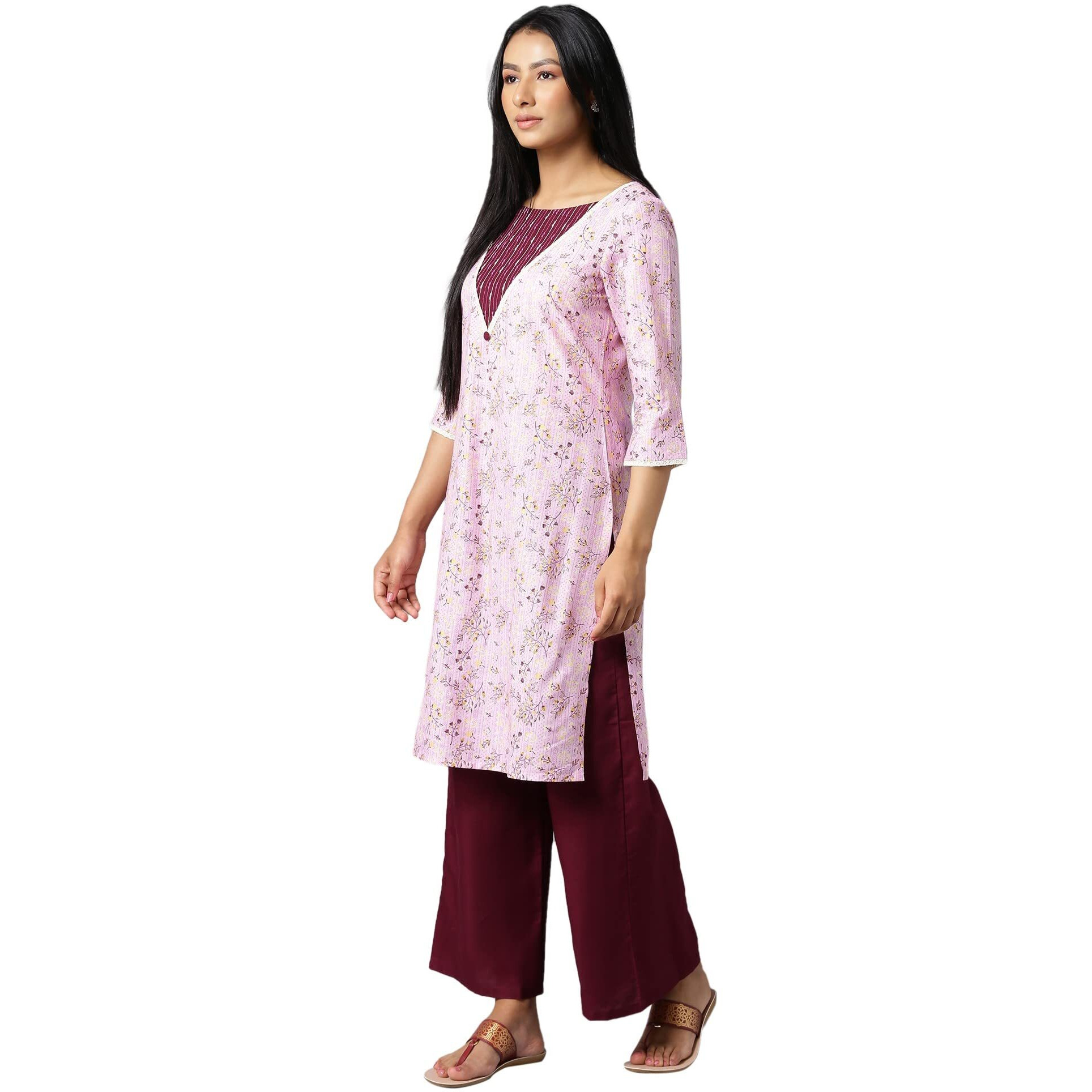 Aure Collection By Aurelia Pink Floral Printed Kurta With Wine Palazzo