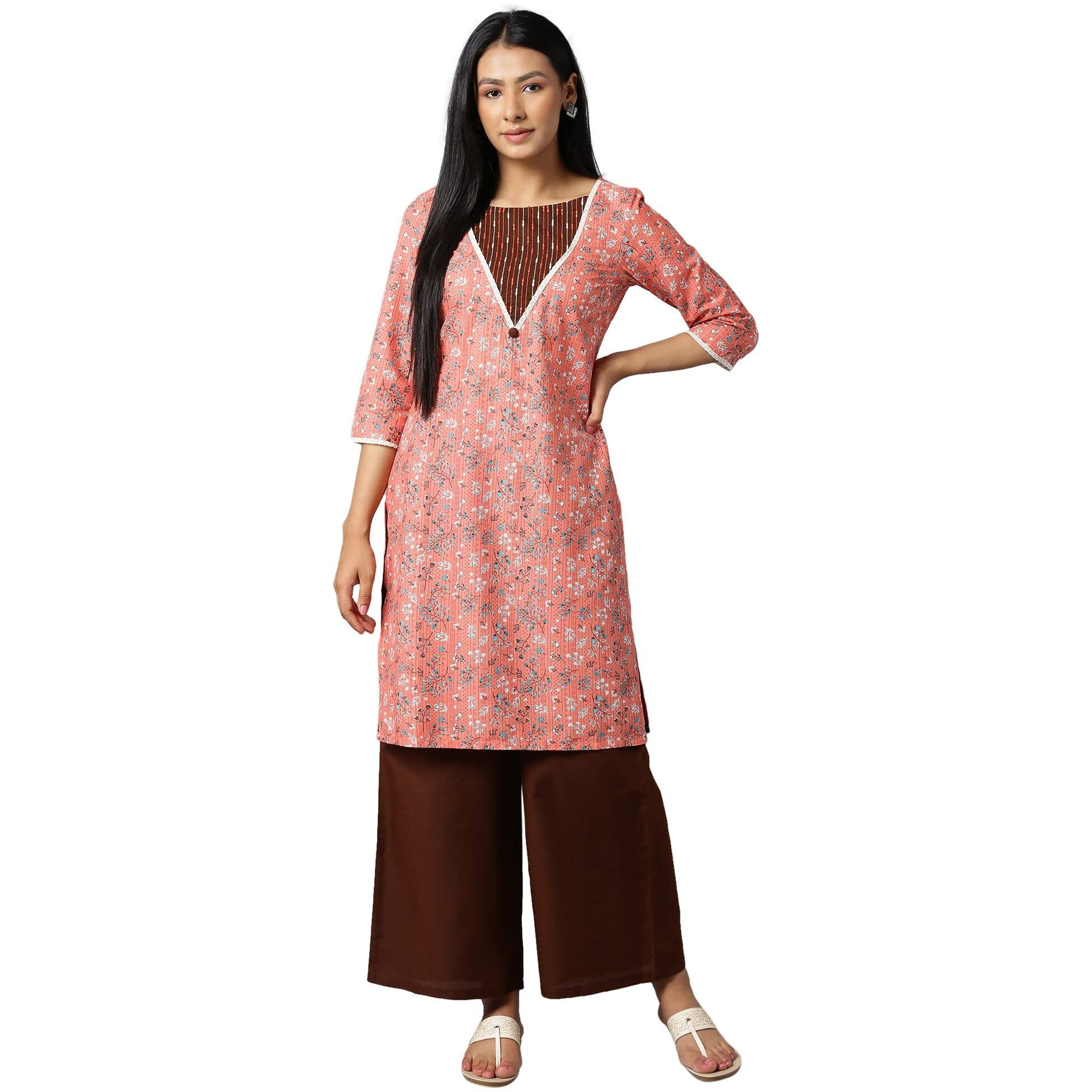 Aure Collection By Aurelia Orange Floral Printed Kurta With Brown Palazzo