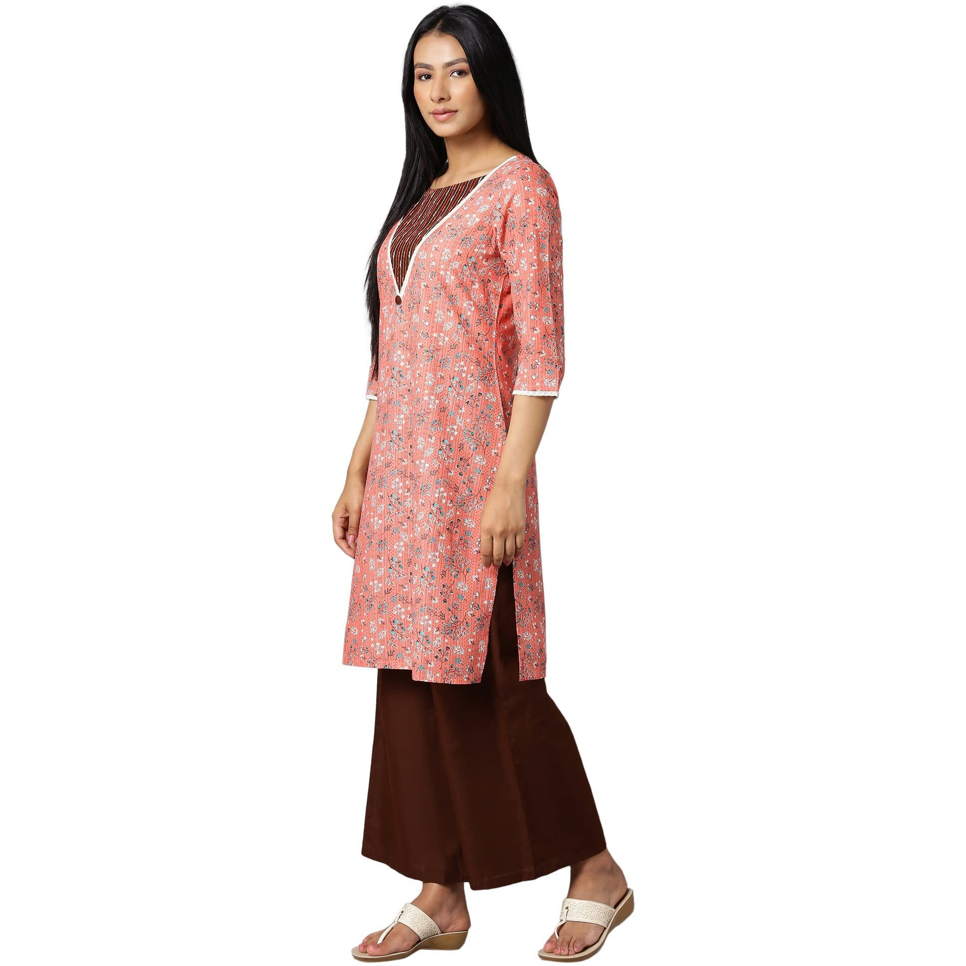 Aure Collection By Aurelia Orange Floral Printed Kurta With Brown Palazzo