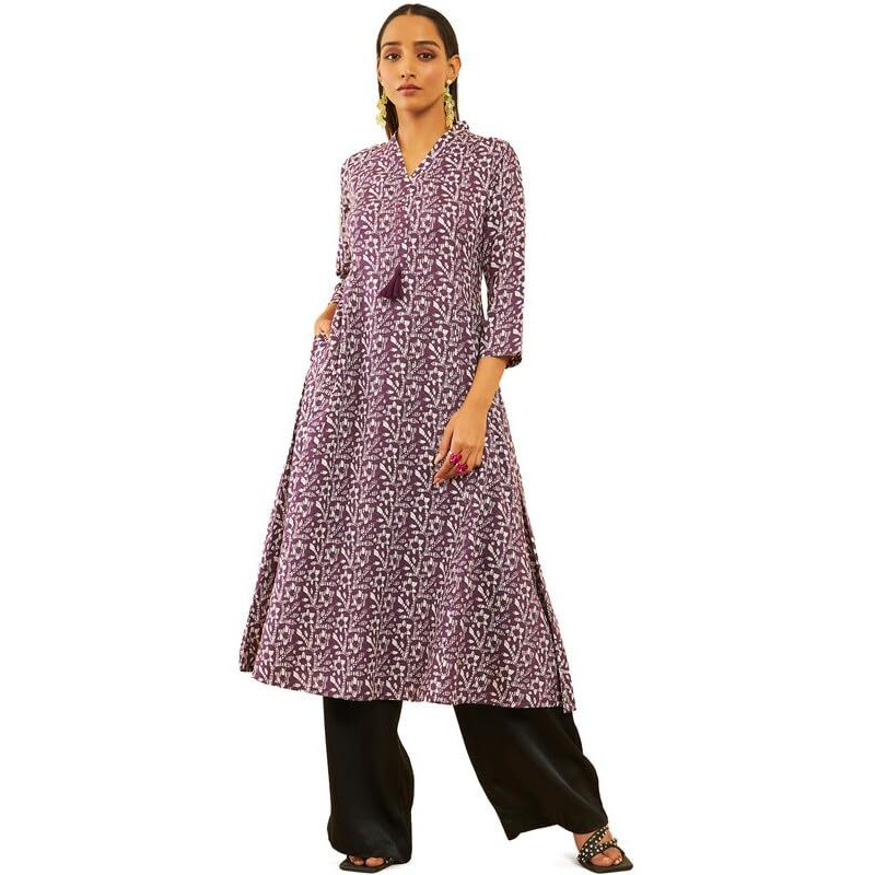Soch Womens Purple Viscose Batik Printed A-Line Kurta With Tassels