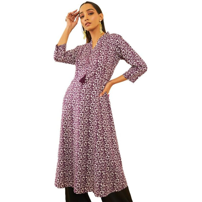 Soch Womens Purple Viscose Batik Printed A-Line Kurta With Tassels