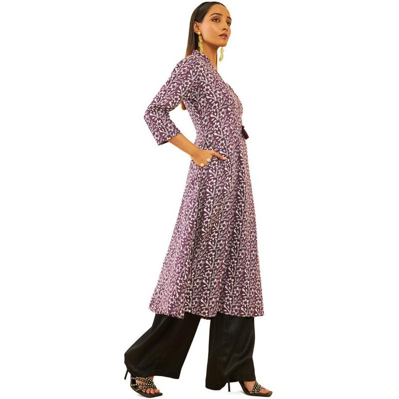 Soch Womens Purple Viscose Batik Printed A-Line Kurta With Tassels