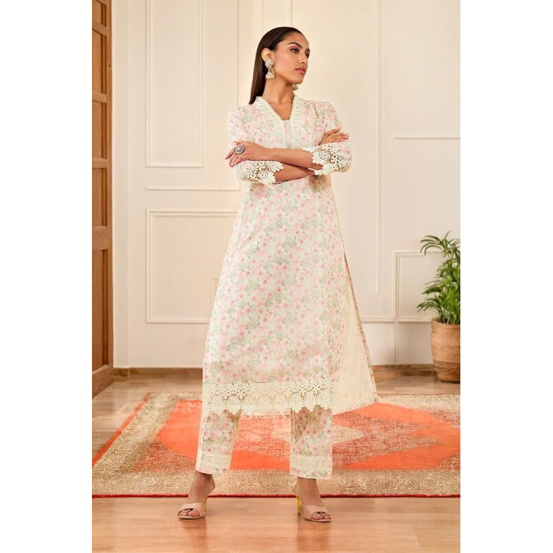Soch Womens White & Pink Kota Floral Printed Kurta Set With Lace Attached