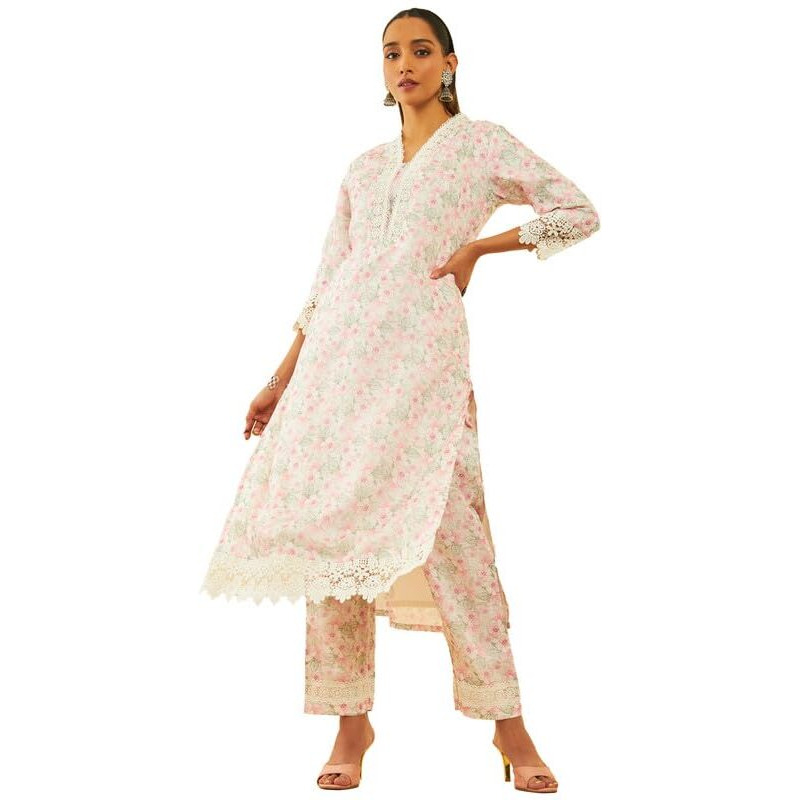 Soch Womens White & Pink Kota Floral Printed Kurta Set With Lace Attached