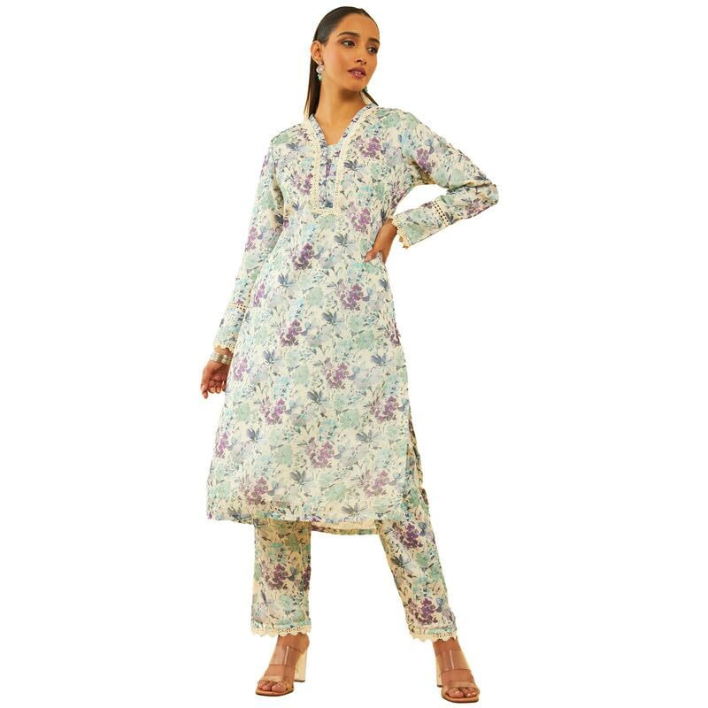 Soch Womens Blue Kota Floral Printed Kurta Set With Lace Attached