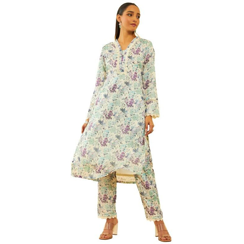 Soch Womens Blue Kota Floral Printed Kurta Set With Lace Attached