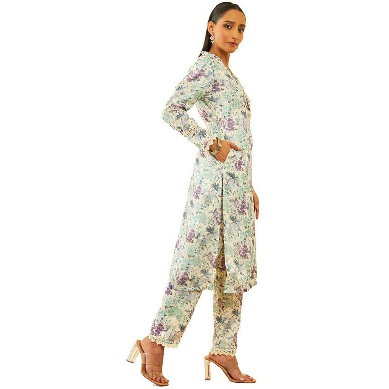 Soch Womens Blue Kota Floral Printed Kurta Set With Lace Attached