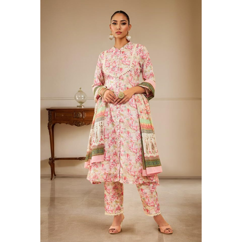 Soch Womens Pink Kota Floral Printed Suit Set With Lace Details