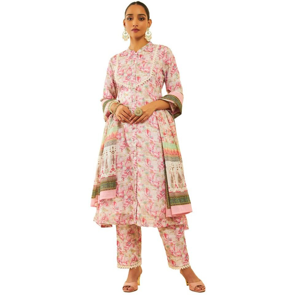 Soch Womens Pink Kota Floral Printed Suit Set With Lace Details