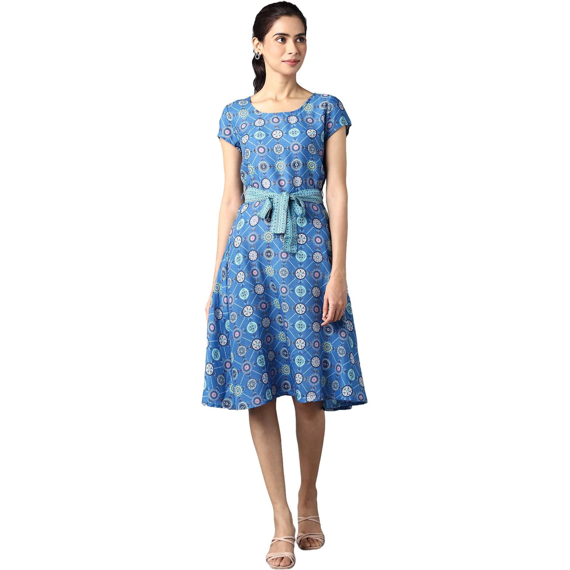 Blue Circular Floral Printed Dress In Round Neck