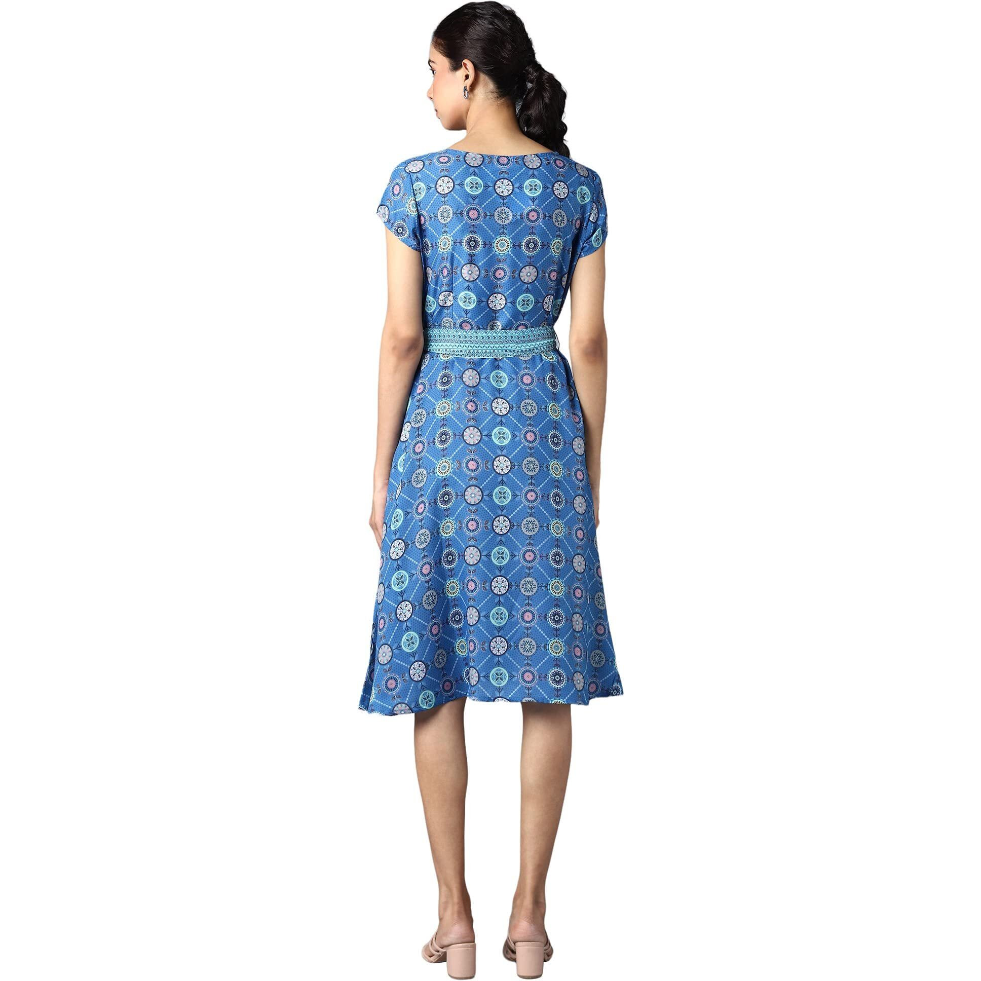 Blue Circular Floral Printed Dress In Round Neck