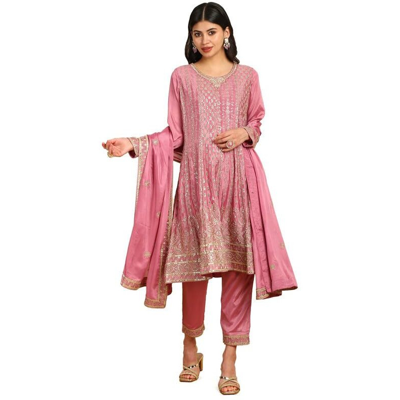 Soch Womens Onion Pink Sequinned Embellished Chinon Suit Set With Dupatta