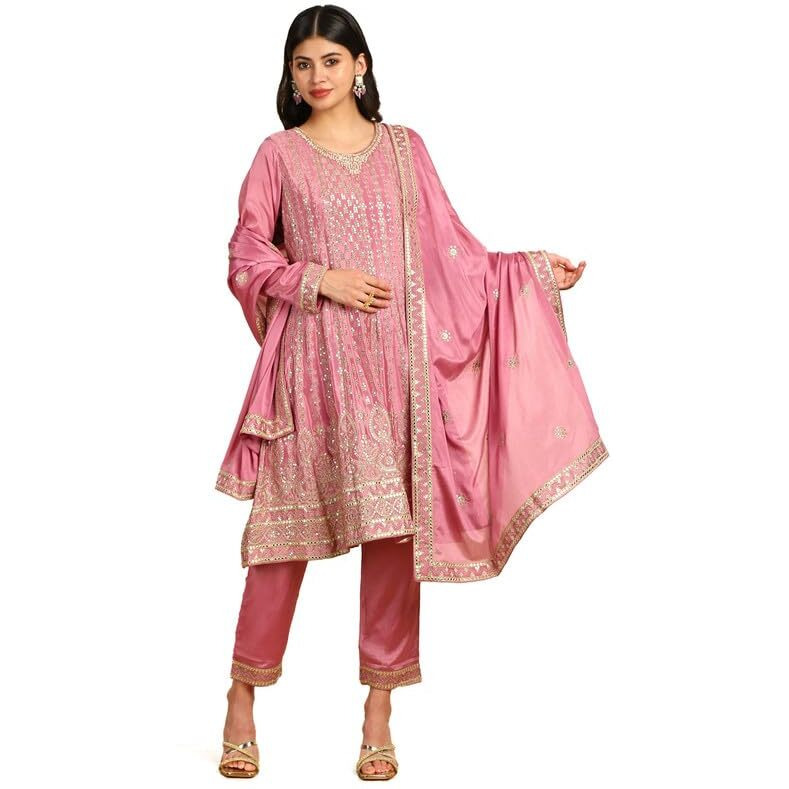 Soch Womens Onion Pink Sequinned Embellished Chinon Suit Set With Dupatta