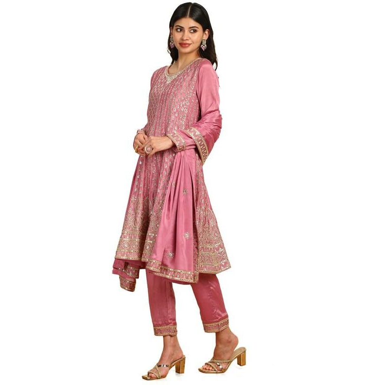 Soch Womens Onion Pink Sequinned Embellished Chinon Suit Set With Dupatta