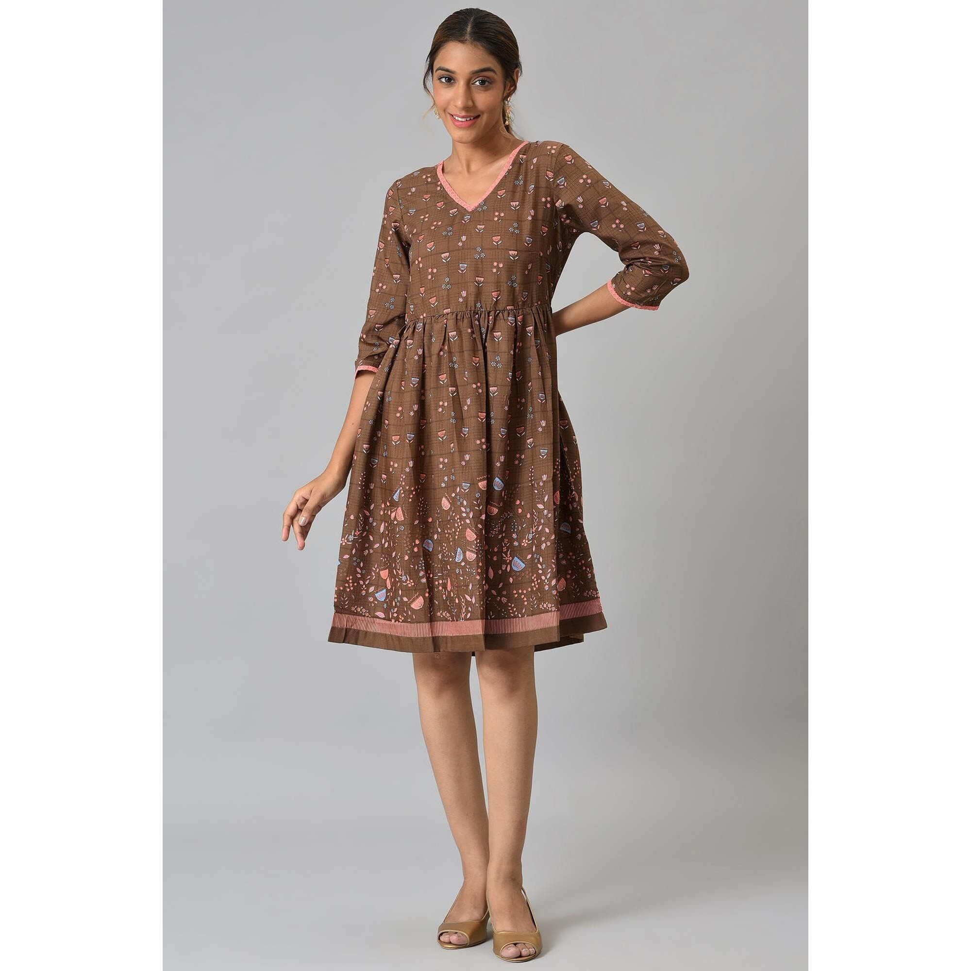 Brown Floral Printed Flared Dress