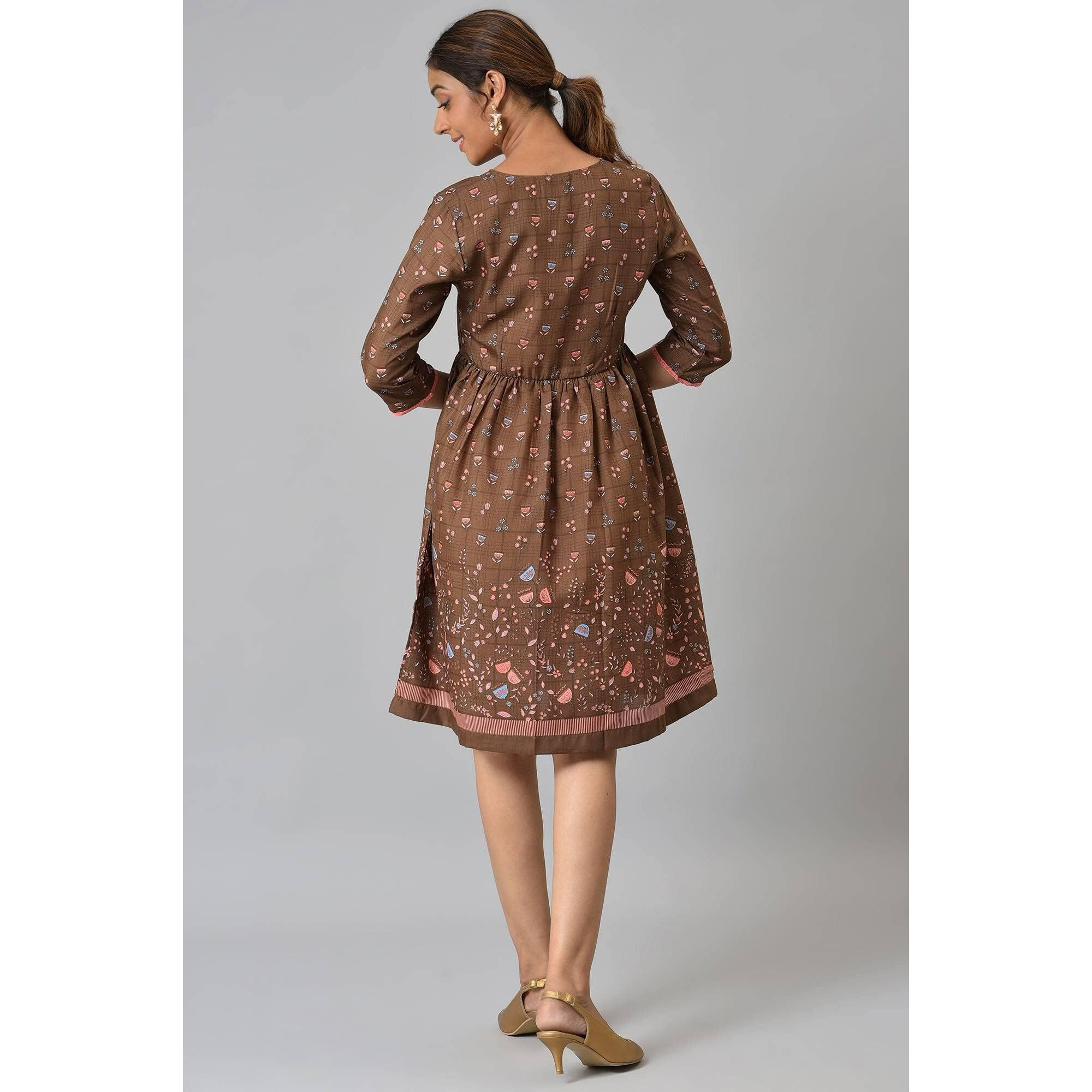 Brown Floral Printed Flared Dress