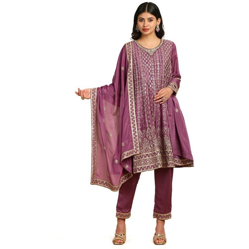 Soch Womens Purple Sequinned Embellished Chinon Suit Set With Dupatta