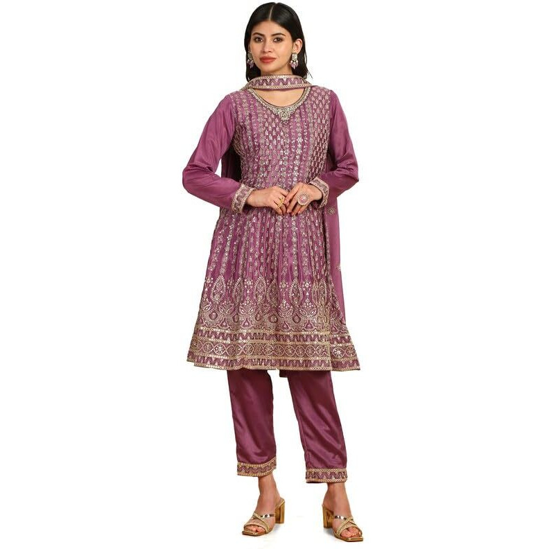 Soch Womens Purple Sequinned Embellished Chinon Suit Set With Dupatta