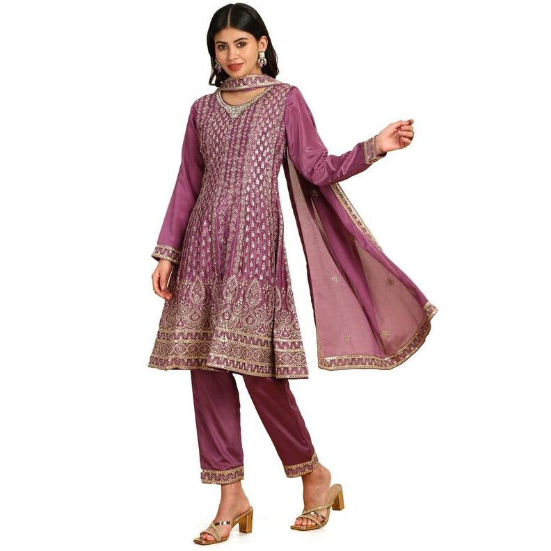 Soch Womens Purple Sequinned Embellished Chinon Suit Set With Dupatta
