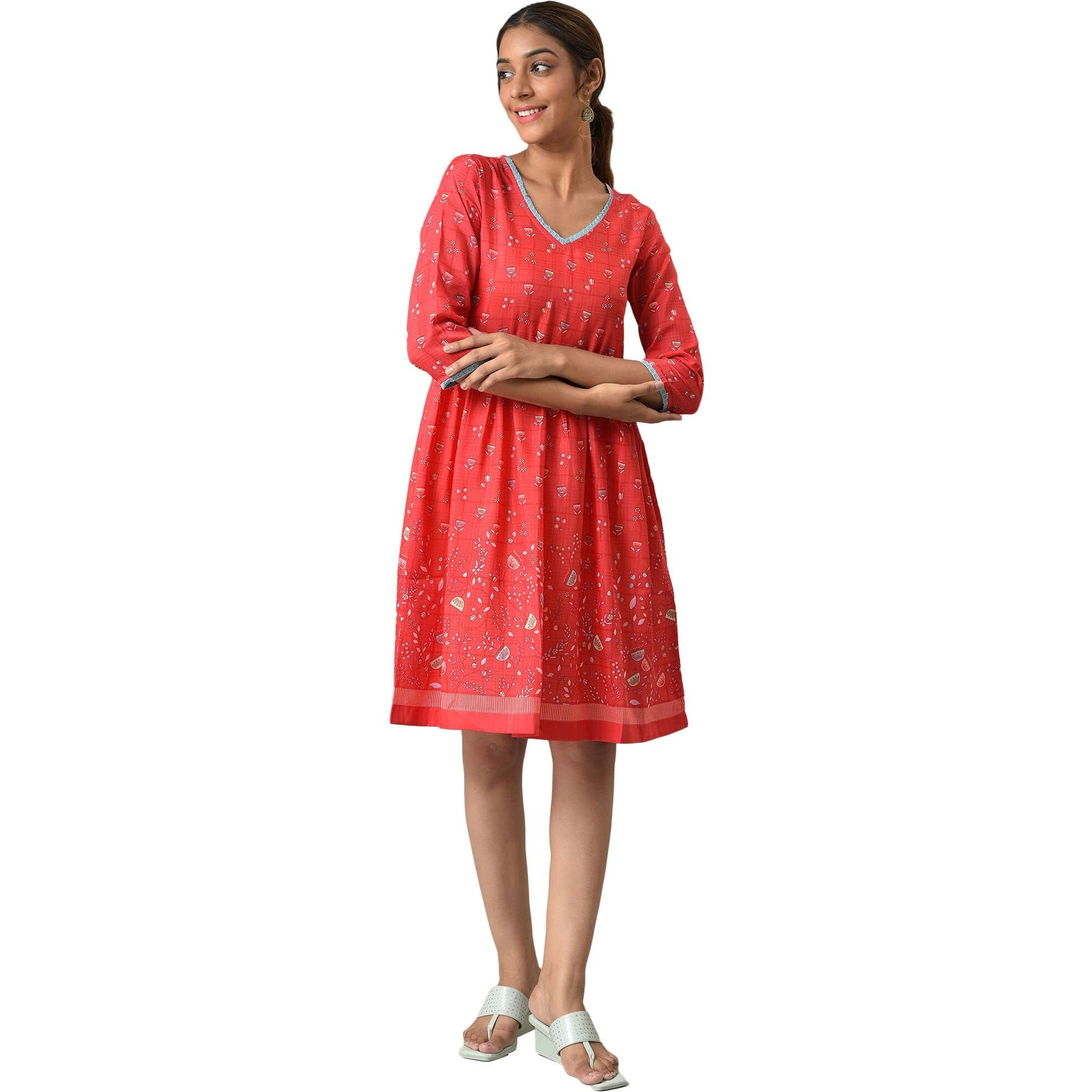Aurelia Women's Polyester Fit And Flare Knee-Length Casual Dress (22Ona13070-505325_Red