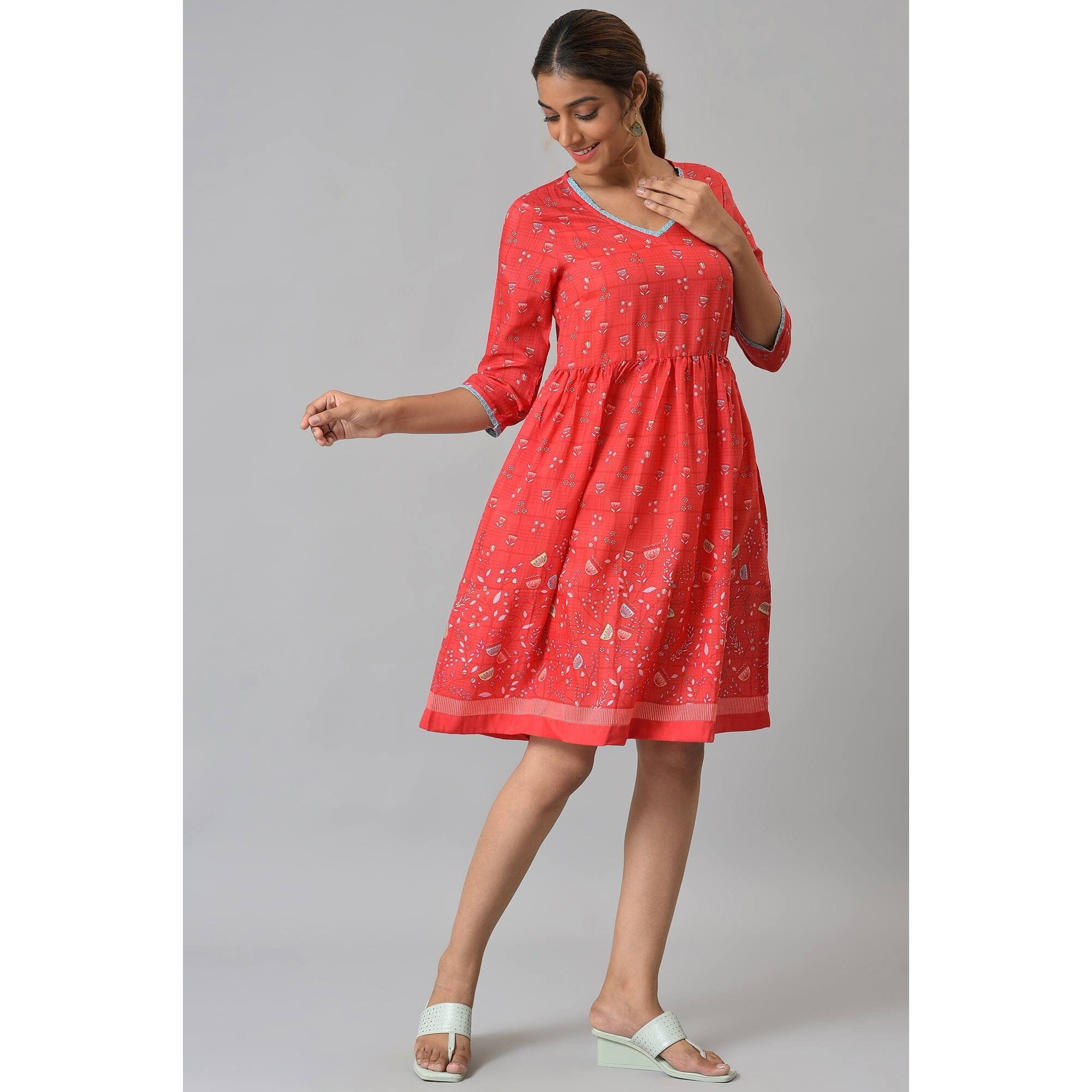 Aurelia Women's Polyester Fit And Flare Knee-Length Casual Dress (22Ona13070-505325_Red