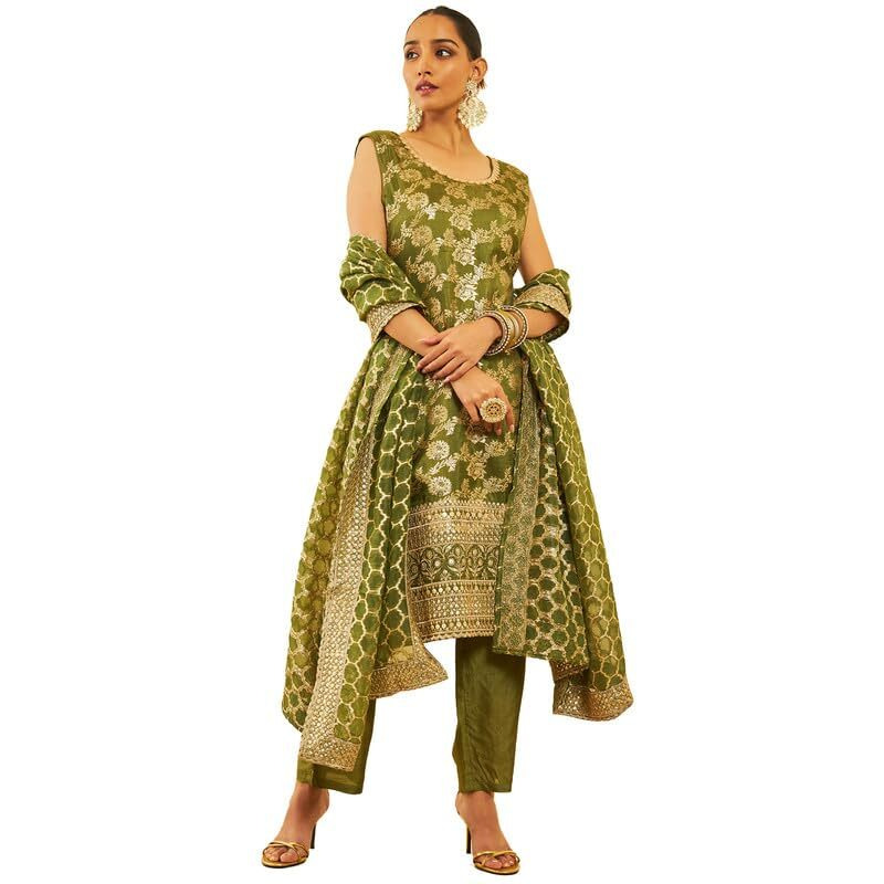 Soch Womens Green Silk Blend Brocade Patterned Suit Set With Sequins