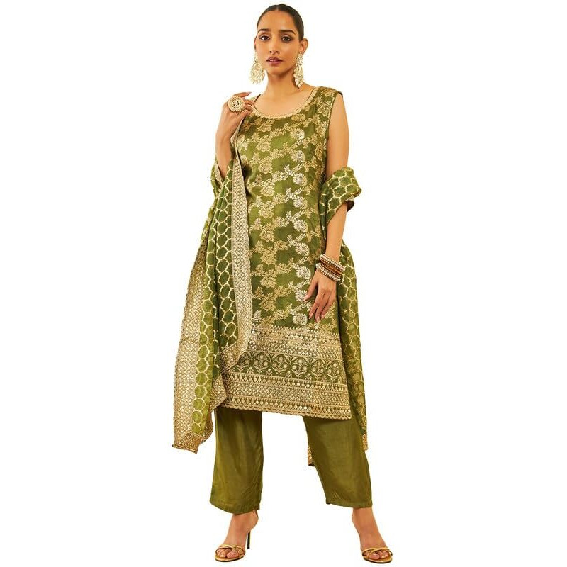 Soch Womens Green Silk Blend Brocade Patterned Suit Set With Sequins