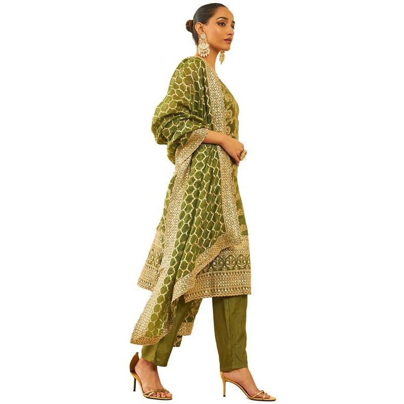 Soch Womens Green Silk Blend Brocade Patterned Suit Set With Sequins